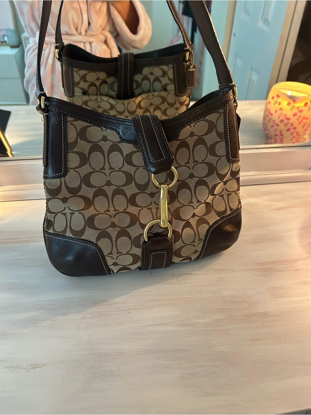 Coach Khaki Signature Canvas Shoulder Bag with Brown Leather Trim